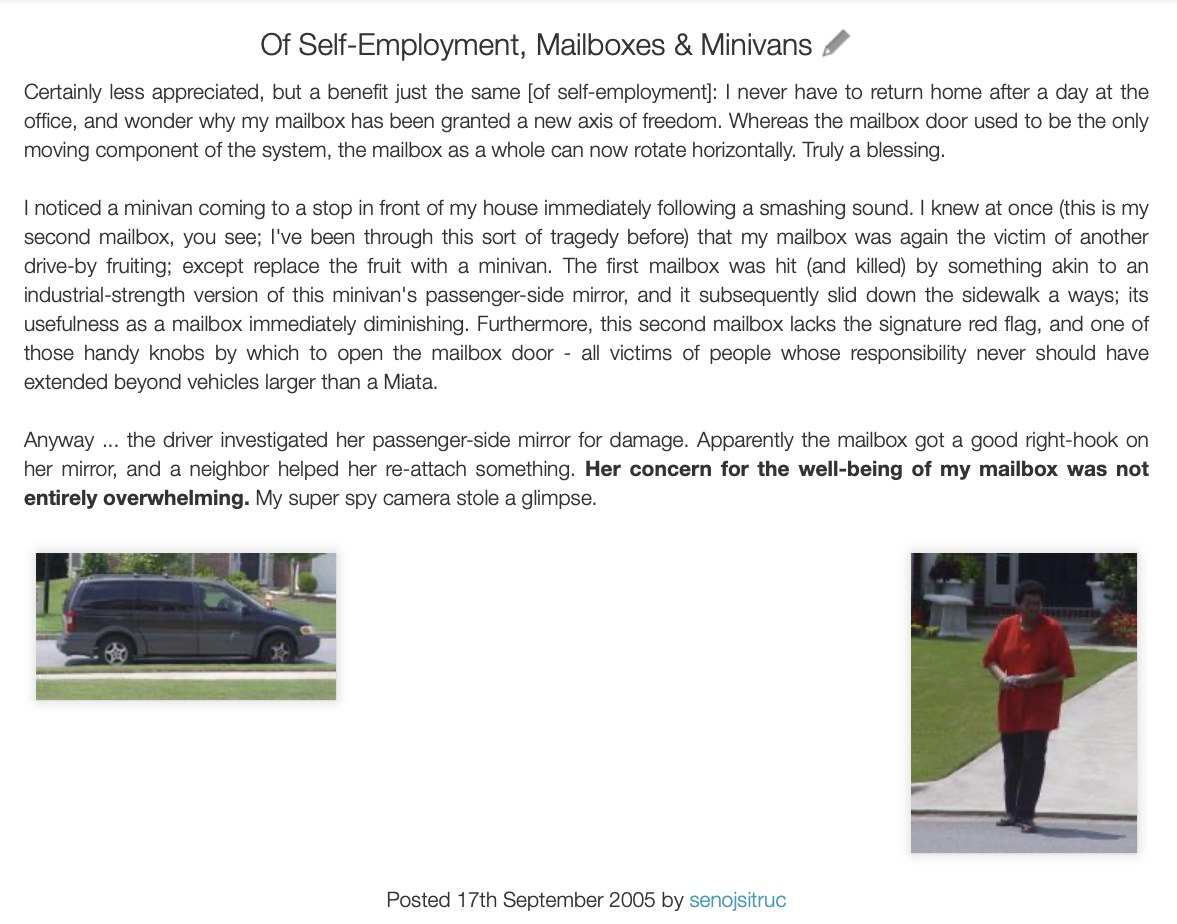 Of Self-Employment, Mailboxes & Minivans